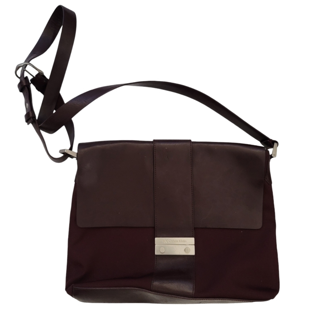 Calvin Klein Maroon Leather and Canvas Messenger Vintage Bag